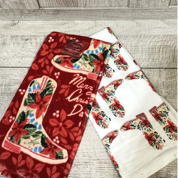 St Nicholas Square Western Boots Christmas Hand Towel (Set of 2) Adorable! New - Picture 1 of 8